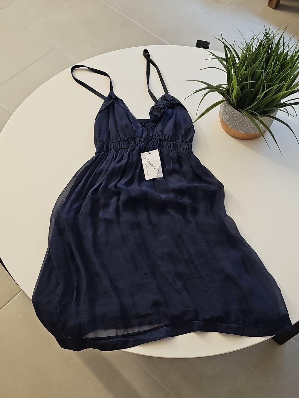 Dietrolangolo Navy Italian 100% Silk Chemise with Adjustable Straps